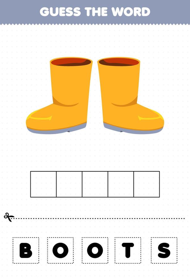 juego educativo para niños adivina la palabra letras practicando dibujos animados ropa botas vector