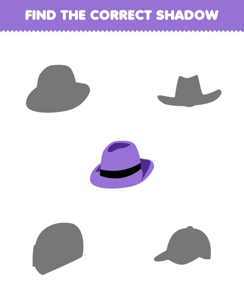 Education game for children find the correct shadow set of cartoon wearable clothes fedora hat vector