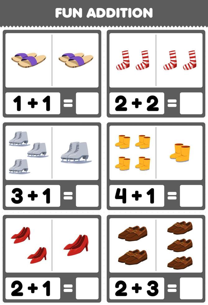 juego educativo para niños suma divertida contando y sumando ropa ponible  de dibujos animados pantuflas calcetines patinador sobre hielo bota zapatos  de tacón imágenes hoja de trabajo 9971760 Vector en Vecteezy