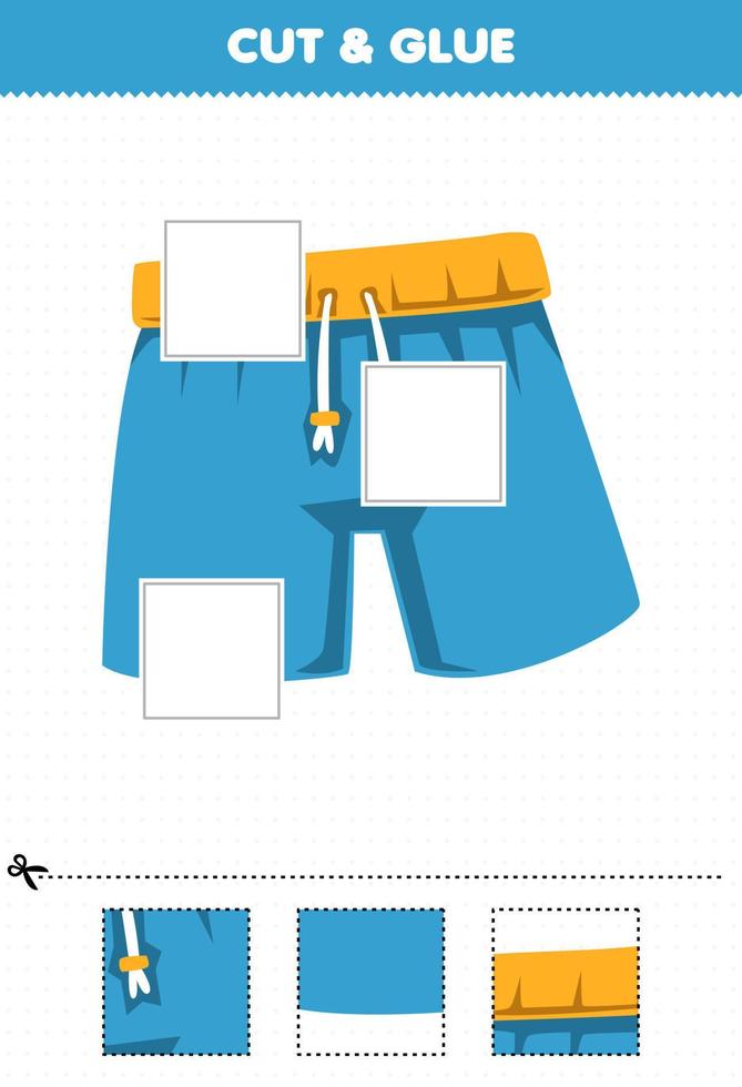 Education game for children cut and glue cut parts of cartoon wearable clothes pant and glue them printable worksheet vector