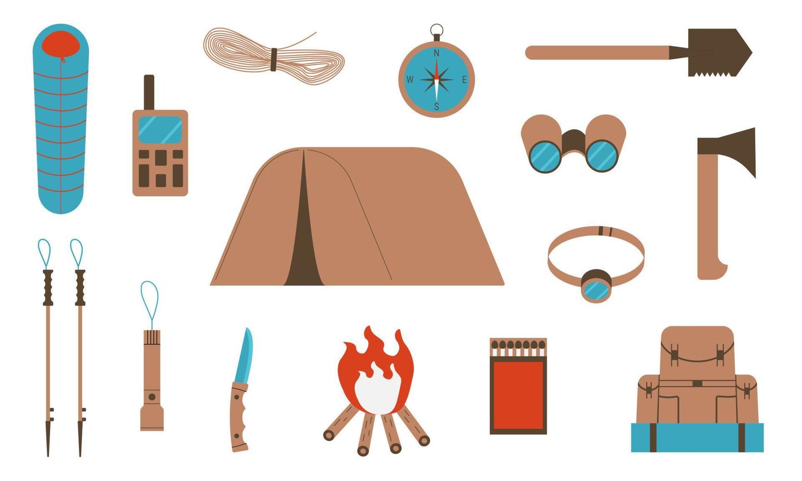 Set of elements for hiking and camping. Travel and adventure. Flat style. Vector illustration