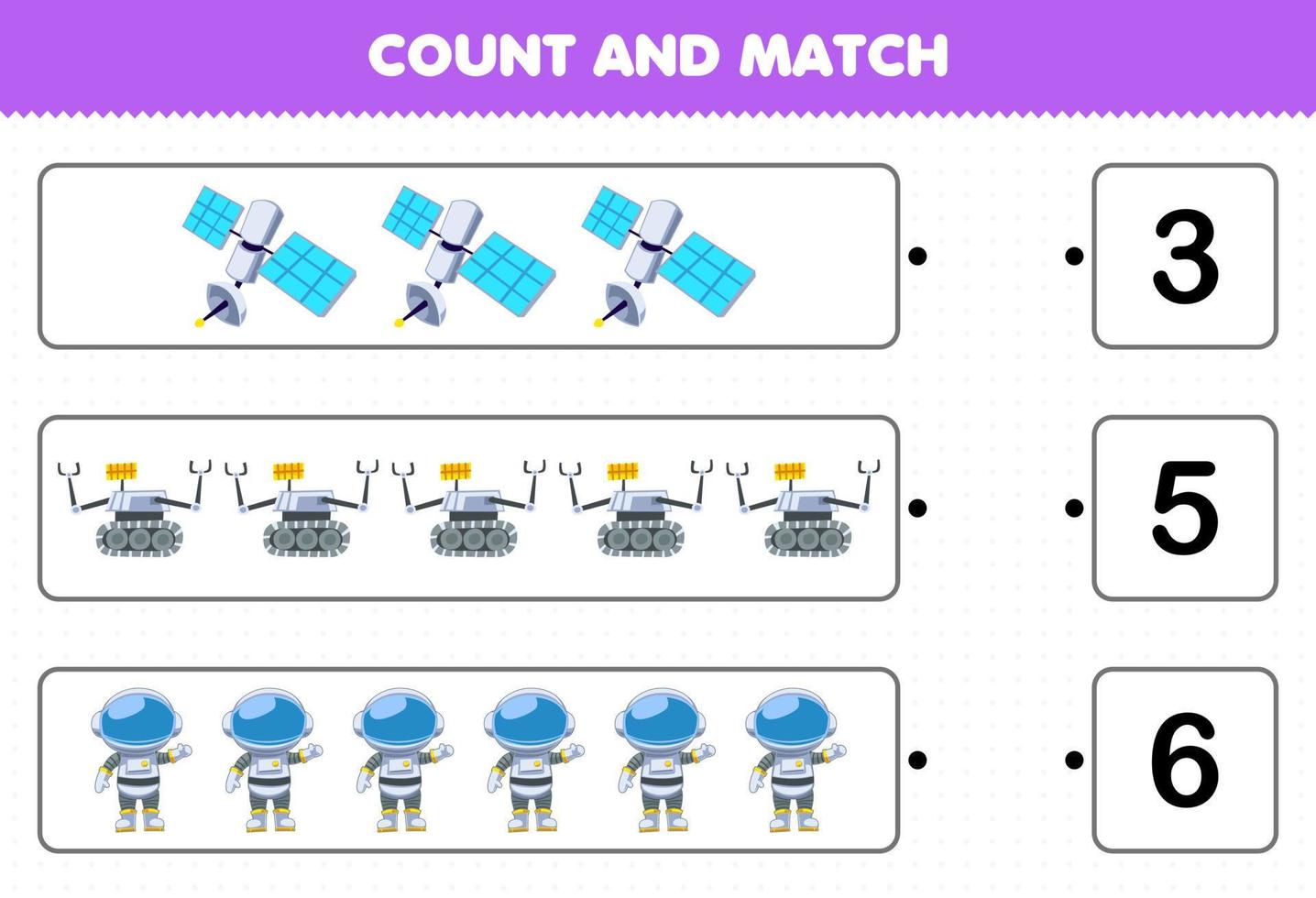 Education game for children count and match count the number of cute cartoon solar system satellite robot astronaut and match with the right numbers printable worksheet vector