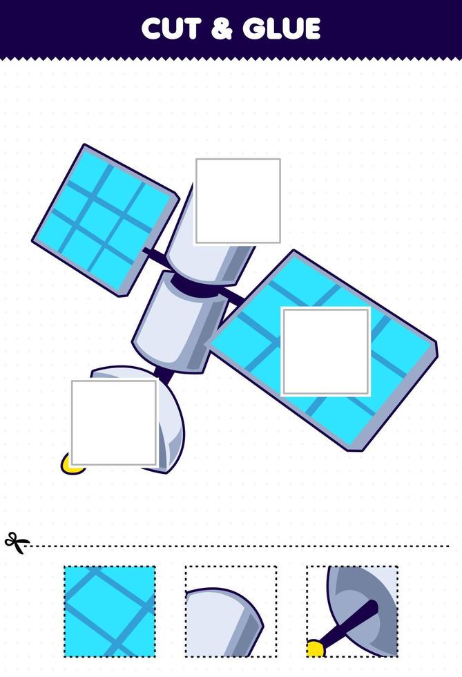 juego educativo para niños corta y pega partes cortadas del lindo satélite del sistema solar de dibujos animados y pégalas hoja de trabajo imprimible vector