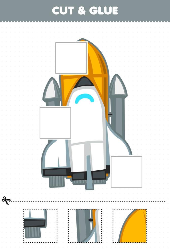 Education game for children cut and glue cut parts of cute cartoon solar system spaceship and glue them printable worksheet vector