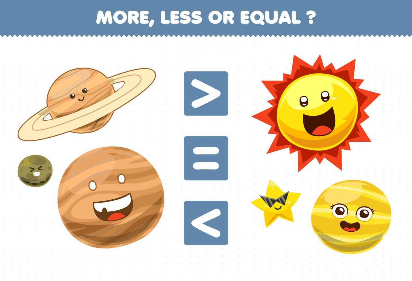 juego de educación para niños más menos o igual contar la cantidad de lindos dibujos animados sistema solar planeta saturno mercurio júpiter sol venus estrella vector