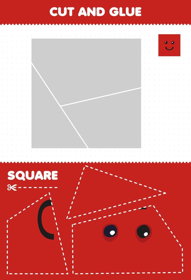 juego educativo para niños cortar y pegar rompecabezas cortar partes de un cuadrado de formas geométricas de dibujos animados lindos y pegarlos hoja de trabajo imprimible vector