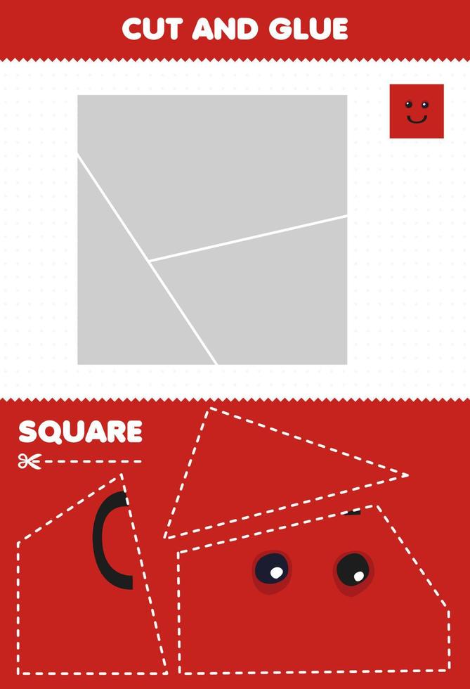Education game for children cut and glue puzzle cut parts of cute cartoon geometric shape square and glue them printable worksheet vector