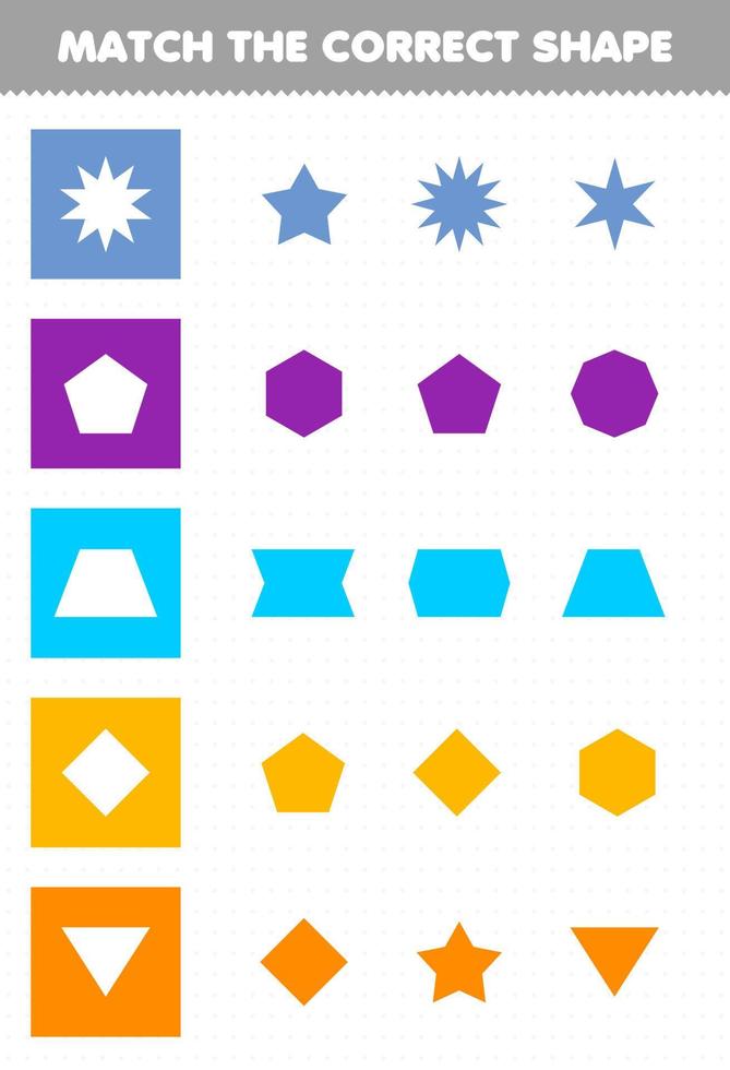 Education game for children match the correct shape geometric printable worksheet vector
