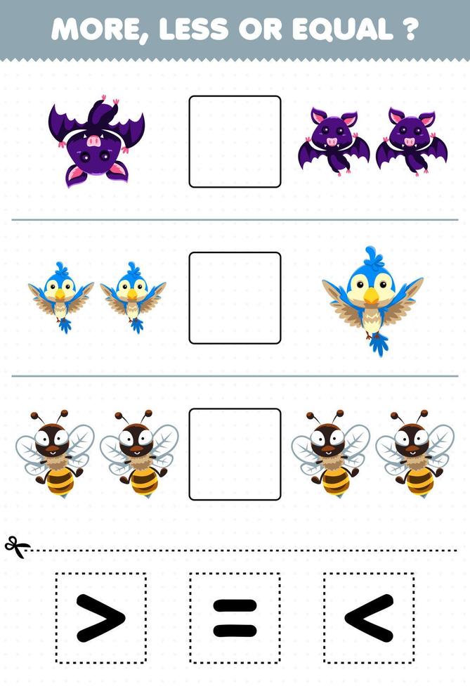 Education game for children more less or equal count the amount of cute cartoon flying animal bat bird bee then cut and glue cut the correct sign vector