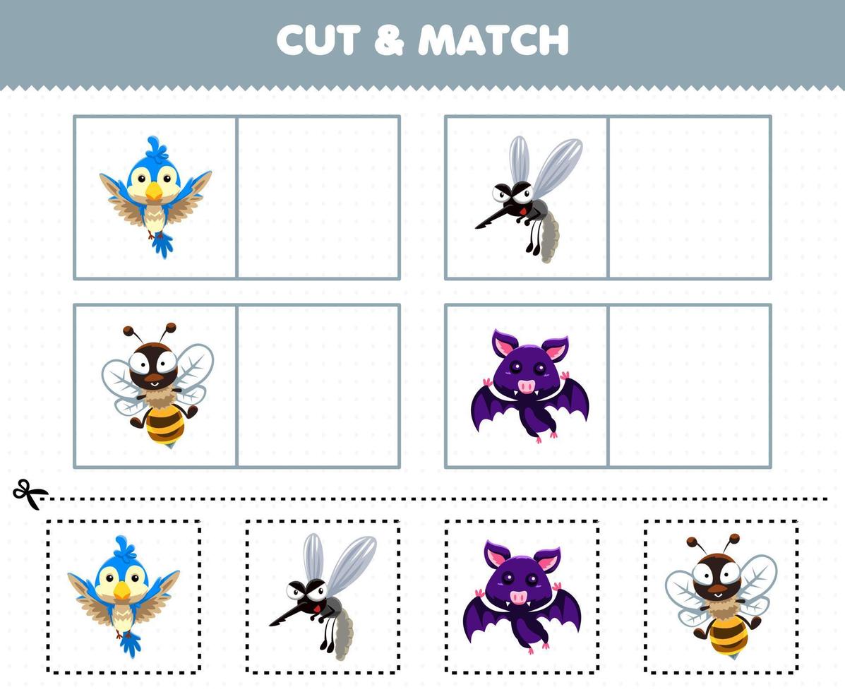 Education game for children cut and match the same picture of cute cartoon flying animal bird mosquito bee bat printable worksheet vector