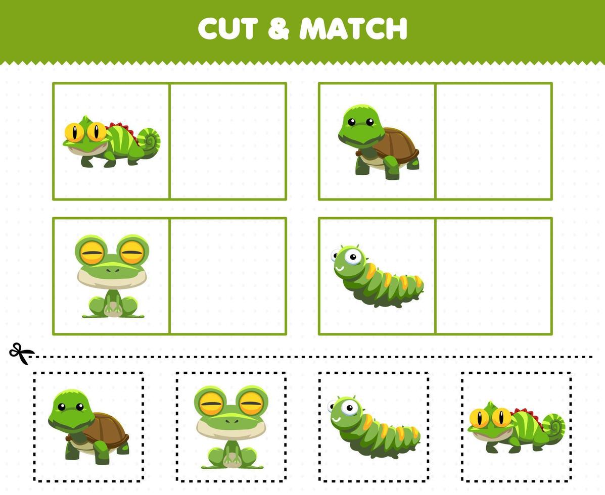 Education game for children cut and match the same picture of cute cartoon green animal iguana turtle frog caterpillar printable worksheet vector