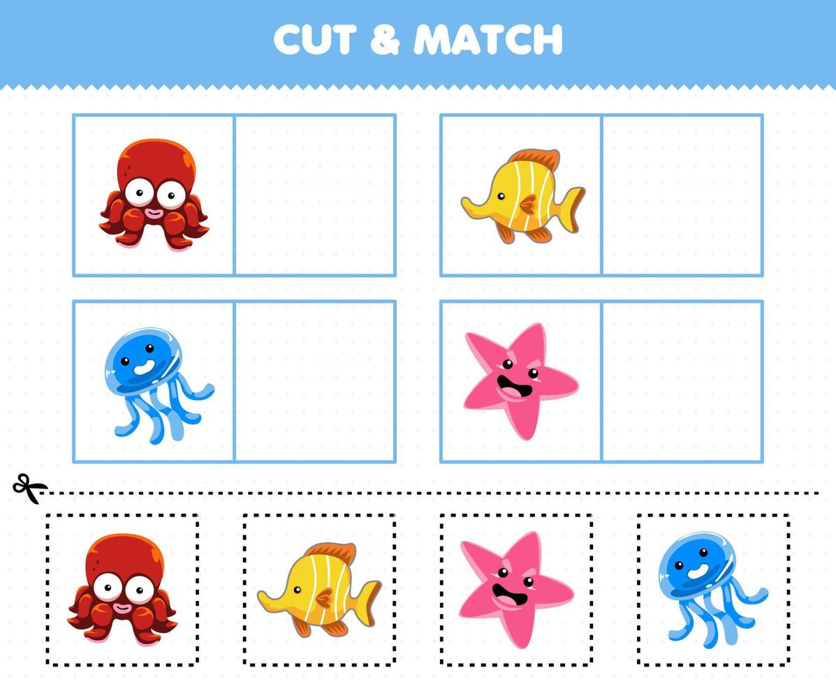 Education game for children cut and match the same picture of cute cartoon underwater animal octopus fish jellyfish starfish printable worksheet vector