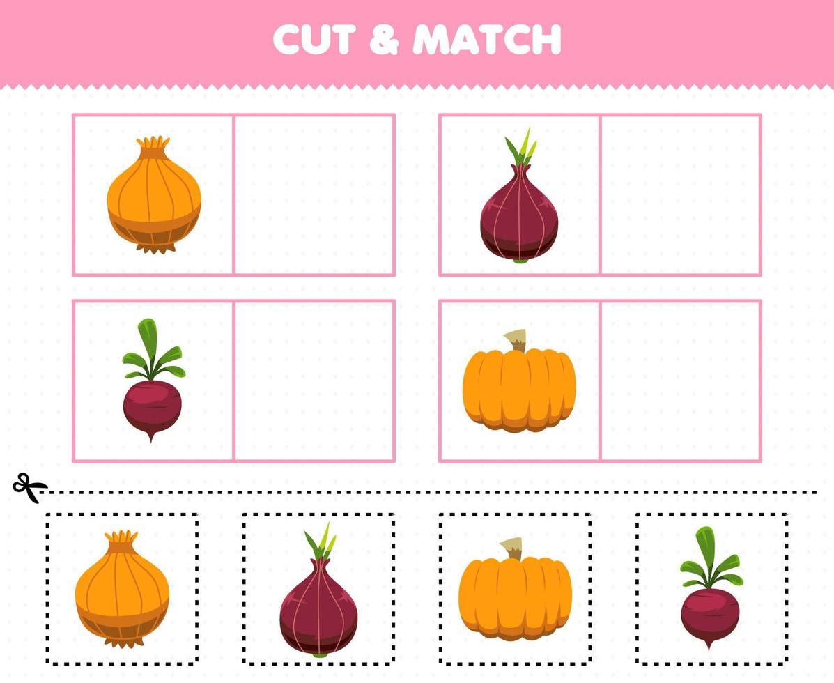 Education game for children cut and match the same picture of cartoon vegetables onion shallot beet pumpkin printable worksheet vector