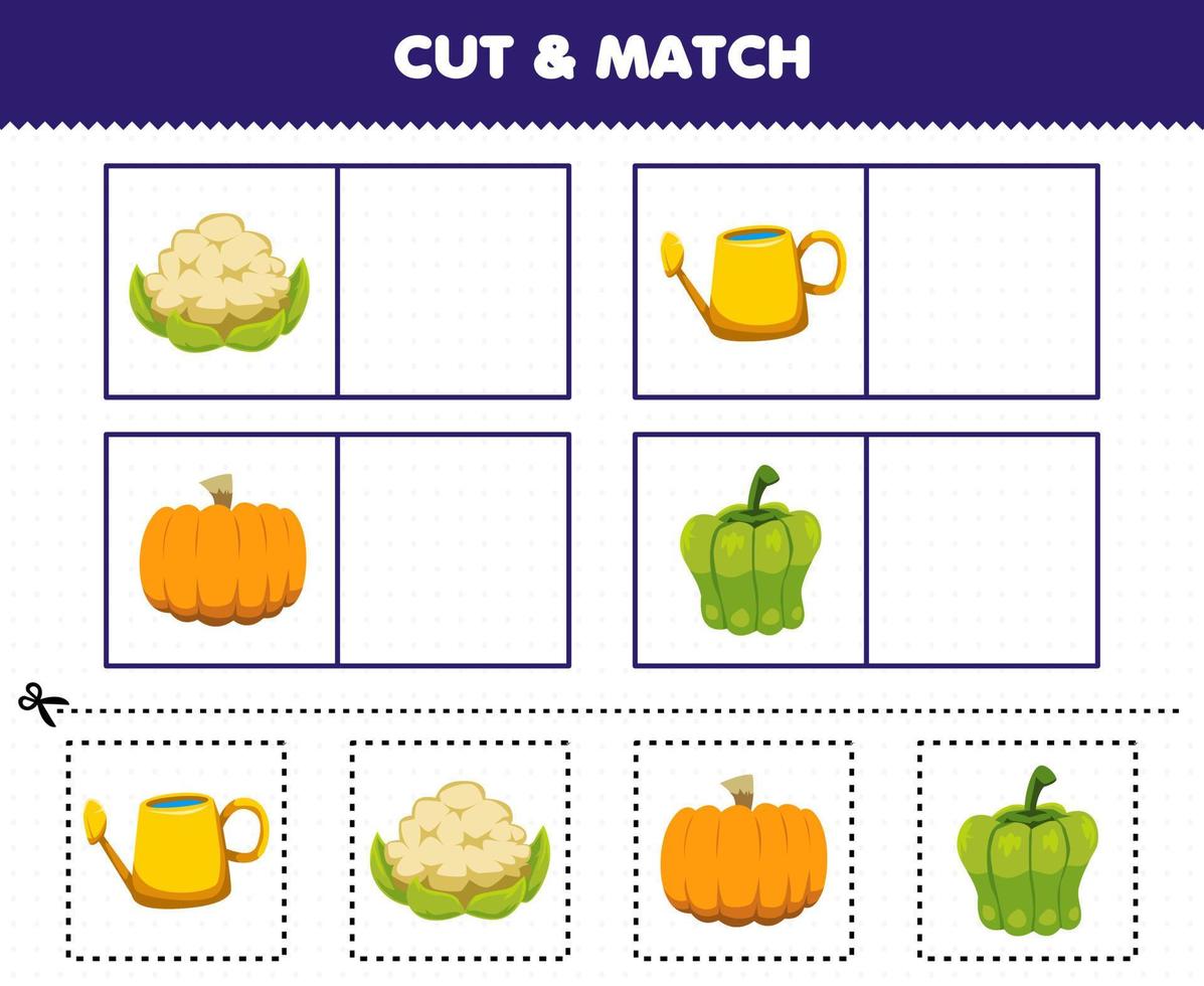 Education game for children cut and match the same picture of cartoon vegetables cauliflower watering can pumpkin paprika printable worksheet vector