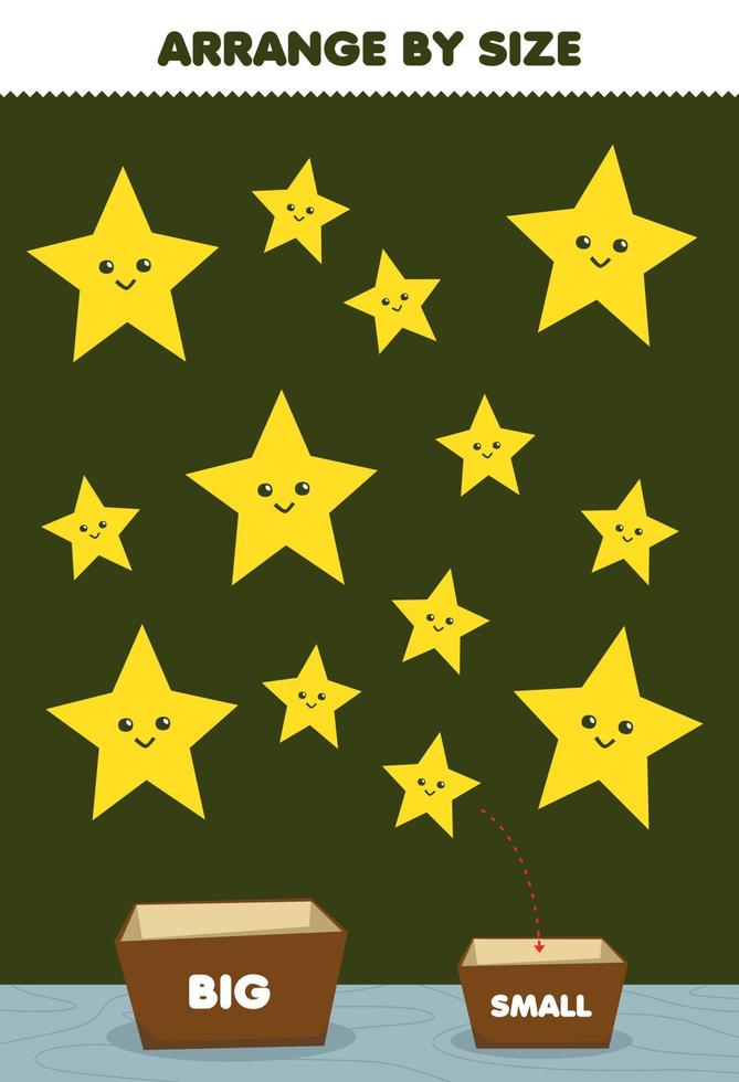 Education game for children arrange by size big or small put it in the box cute cartoon geometric shapes star pictures vector