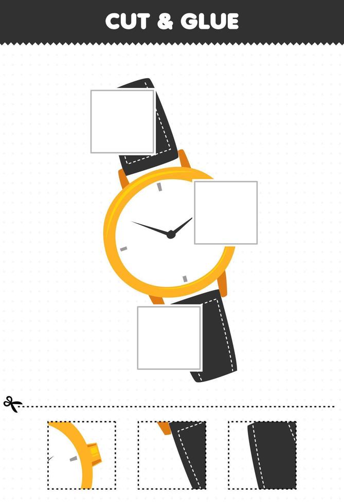 Education game for children cut and glue cut parts of cartoon wearable clothes watch and glue them printable worksheet vector