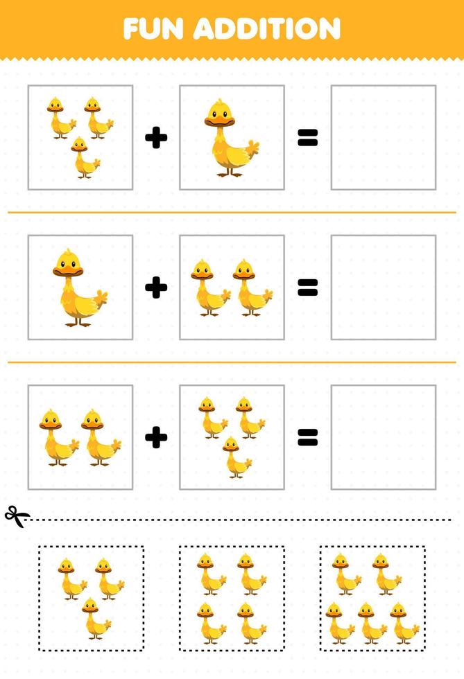 juego educativo para niños divertido además de cortar y combinar hoja de trabajo con imágenes de patos de animales de dibujos animados lindos vector