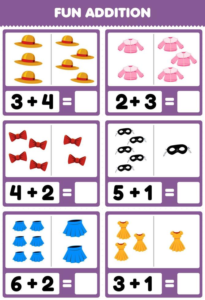 Education game for children fun addition by counting and sum cartoon wearable clothes hat blouse ribbon mask skirt dress pictures worksheet vector