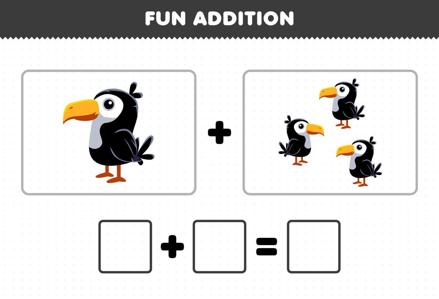 Education game for children fun addition by counting cute cartoon animal toucan pictures worksheet vector