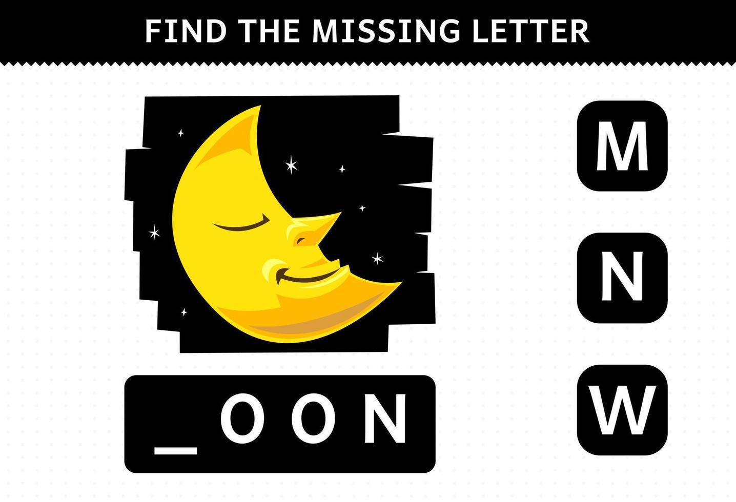 Education game for children find missing letter cute cartoon solar system moon worksheet vector