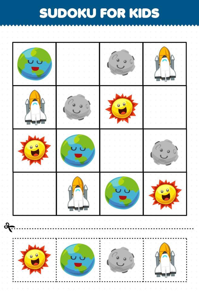 juego educativo para niños sudoku para niños con dibujos animados lindo sistema solar planeta tierra nave espacial sol imagen vector