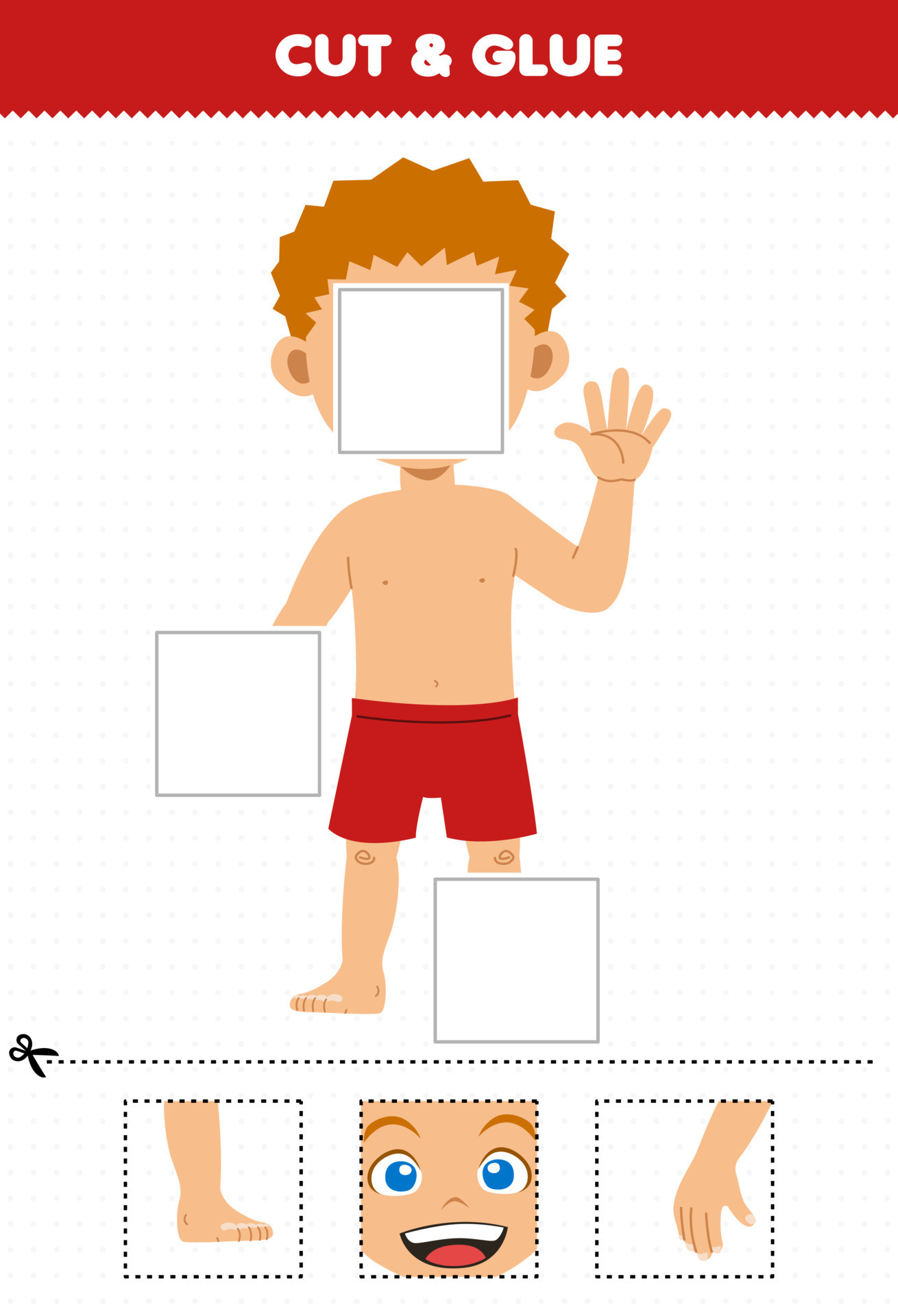 Education game for children cut and glue cut parts of cute cartoon boy