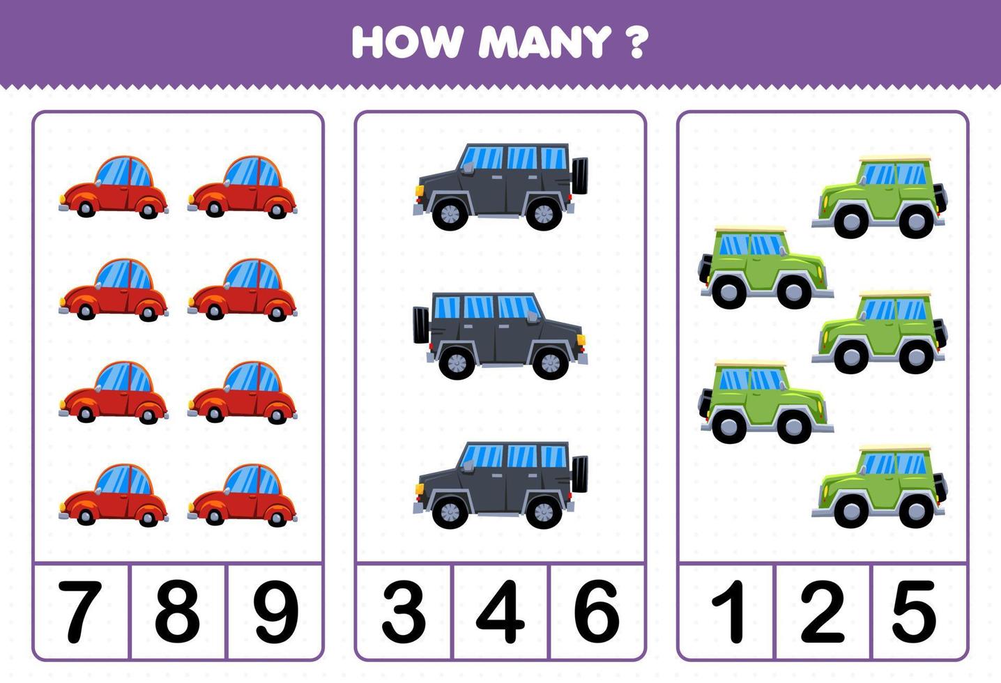 Education game for children counting how many cartoon transportation car vector