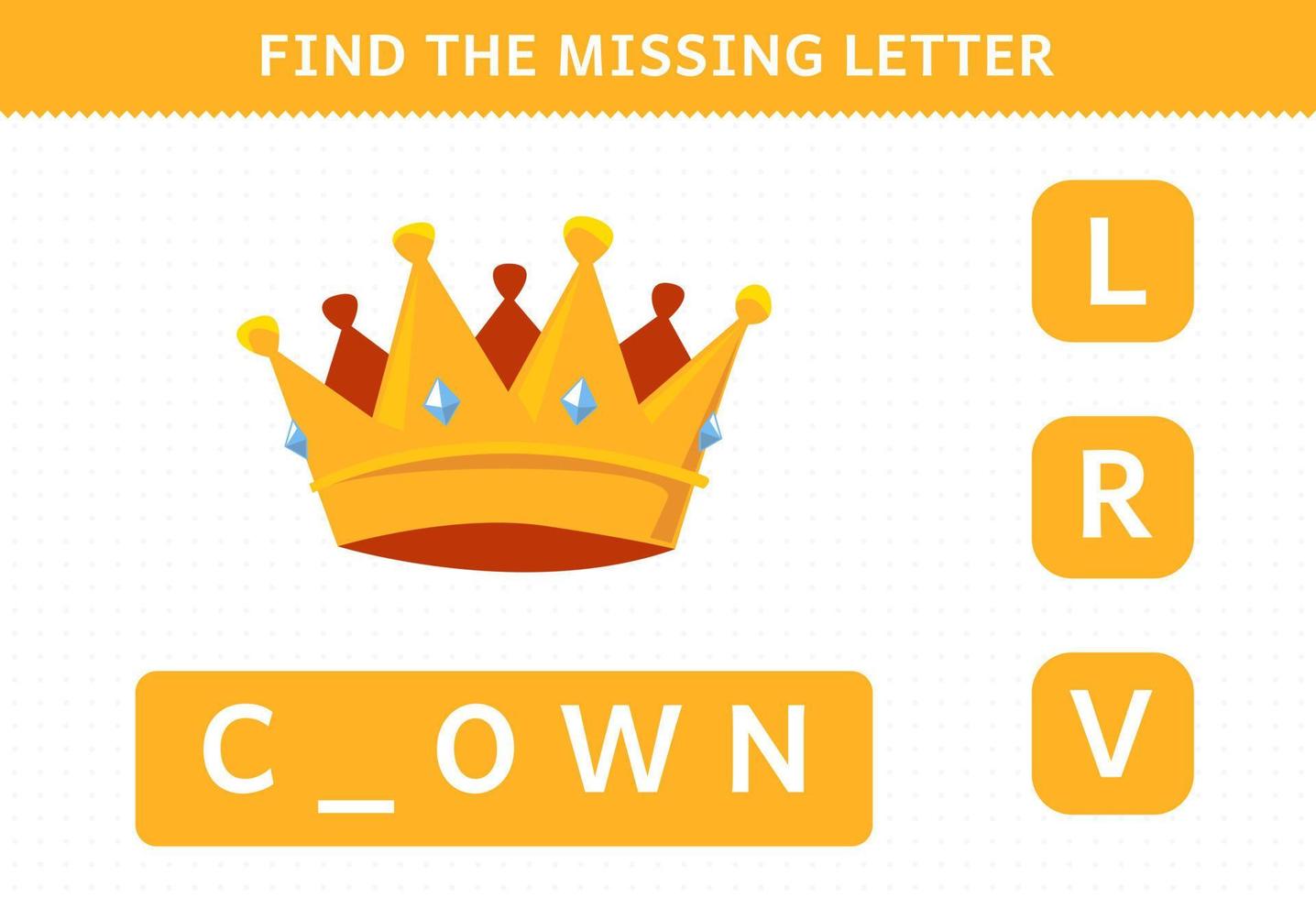 Education game for children find missing letter cartoon wearable clothes clown worksheet vector