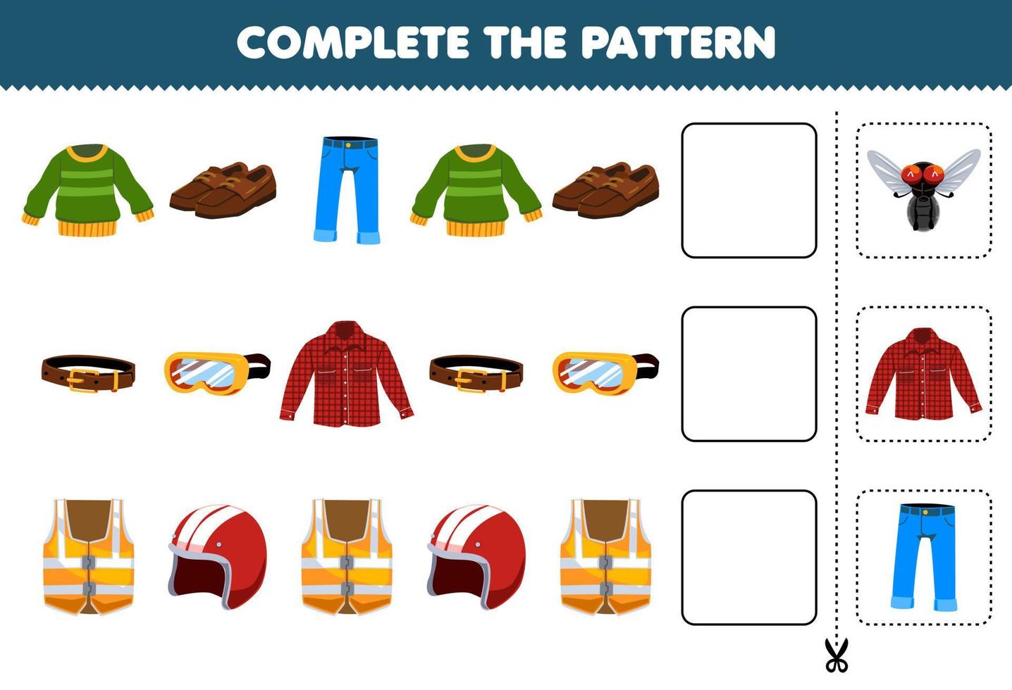 juego educativo para niños completar el patrón pensamiento lógico encontrar la regularidad y continuar la tarea de la fila con dibujos animados ropa ponible suéter zapatos jean cinturón franela chaleco de emergencia timón vector