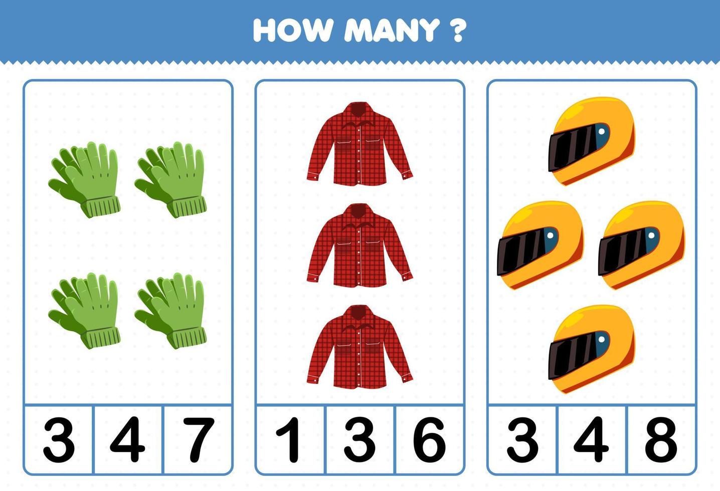 juego educativo para niños contando cuántos dibujos animados ropa ponible guantes timón de franela vector