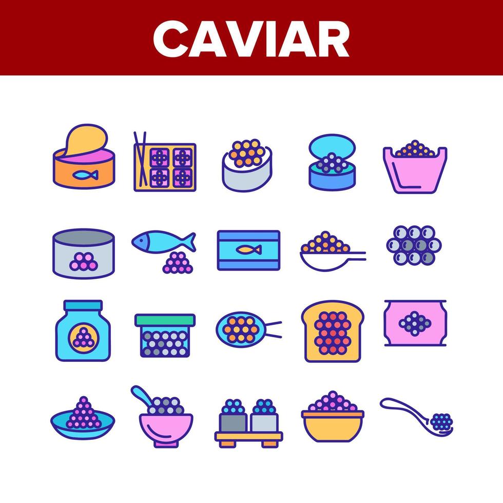 Caviar Tasty Seafood Collection Icons Set Vector