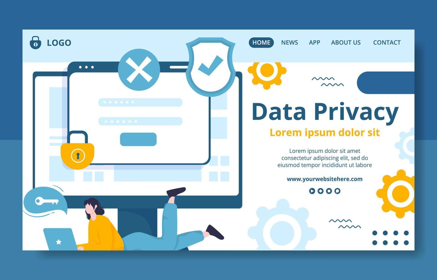 Data Privacy Social Media Landing Page Template Flat Cartoon Background Vector Illustration