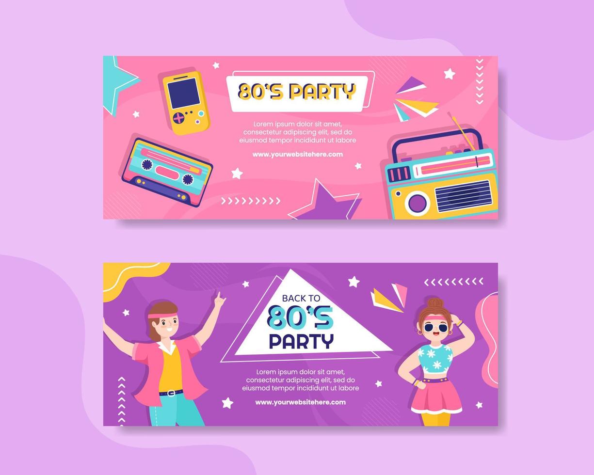 80s Party Horizontal Banner Template Flat Cartoon Background Vector Illustration
