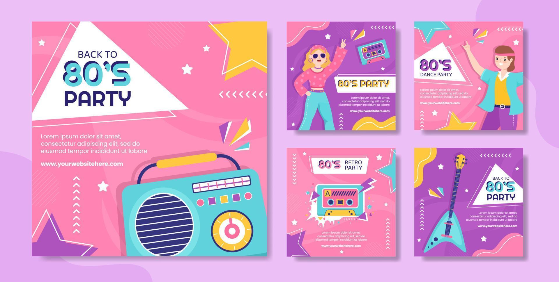 80s Party Social Media Post Template Flat Cartoon Background Vector Illustration