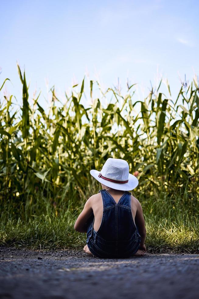 Little boy playing on countryside photo
