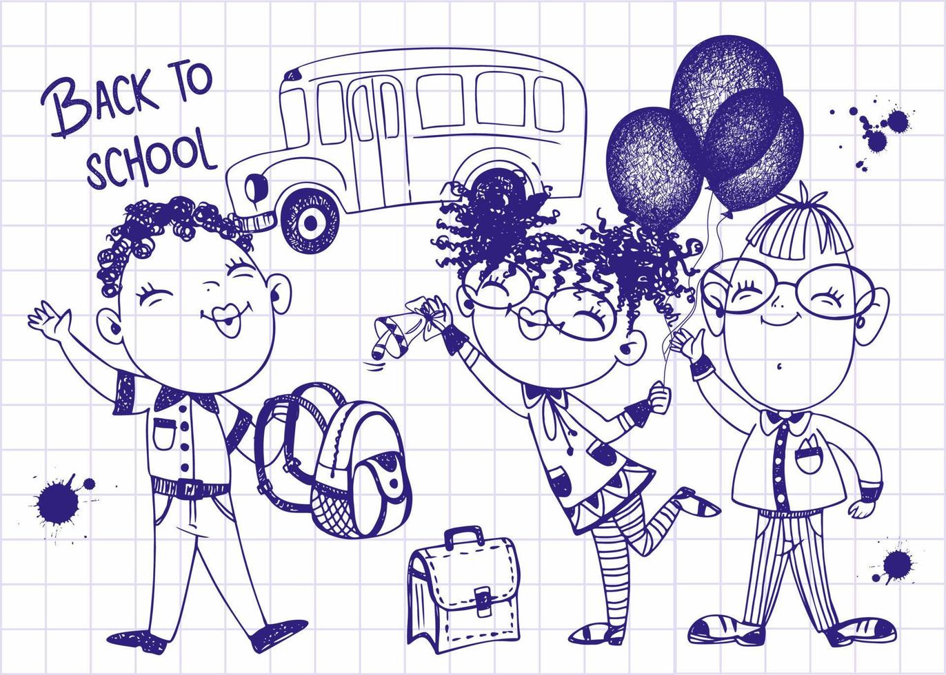 Cute kids schoolchildren with balloons and briefcase go to school. Back to school. School bus. Drawing with a pen on a sheet of a notebook. Vector