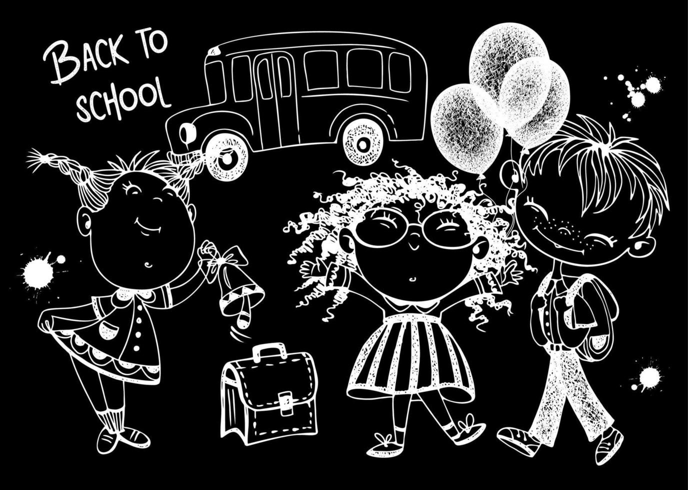 Cute kids schoolchildren with balloons and briefcase go to school. Back to school. School bus.Drawing with chalk on a blackboard. Vector