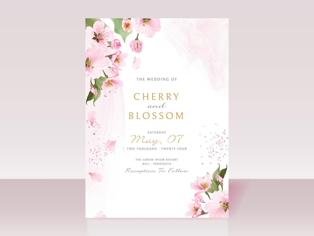 Beautiful cherry blossom wedding invitation card template vector