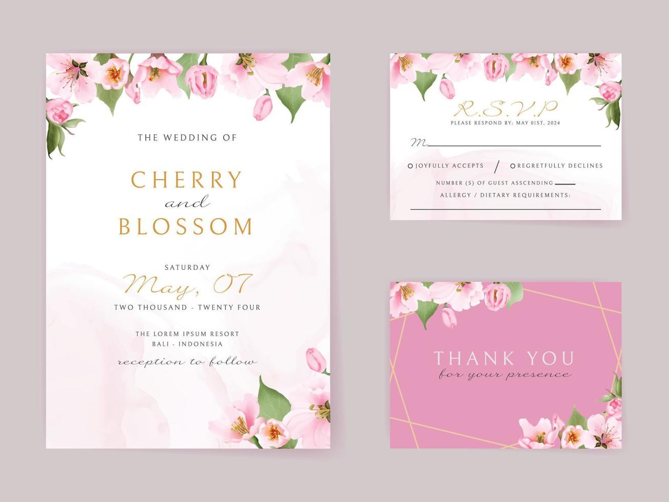 Beautiful cherry blossom wedding invitation card template vector