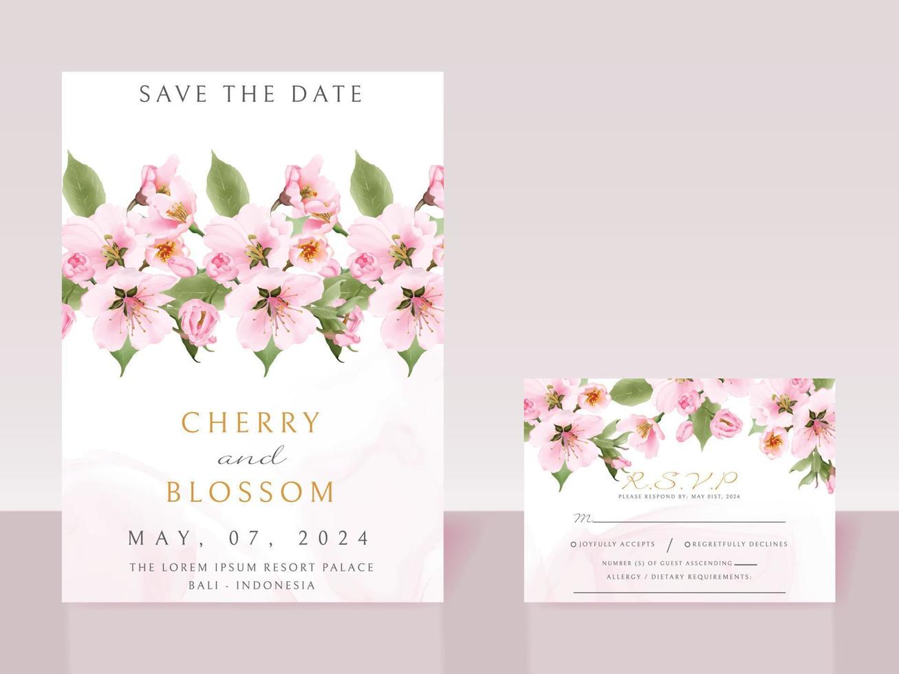 Beautiful cherry blossom wedding invitation card template vector
