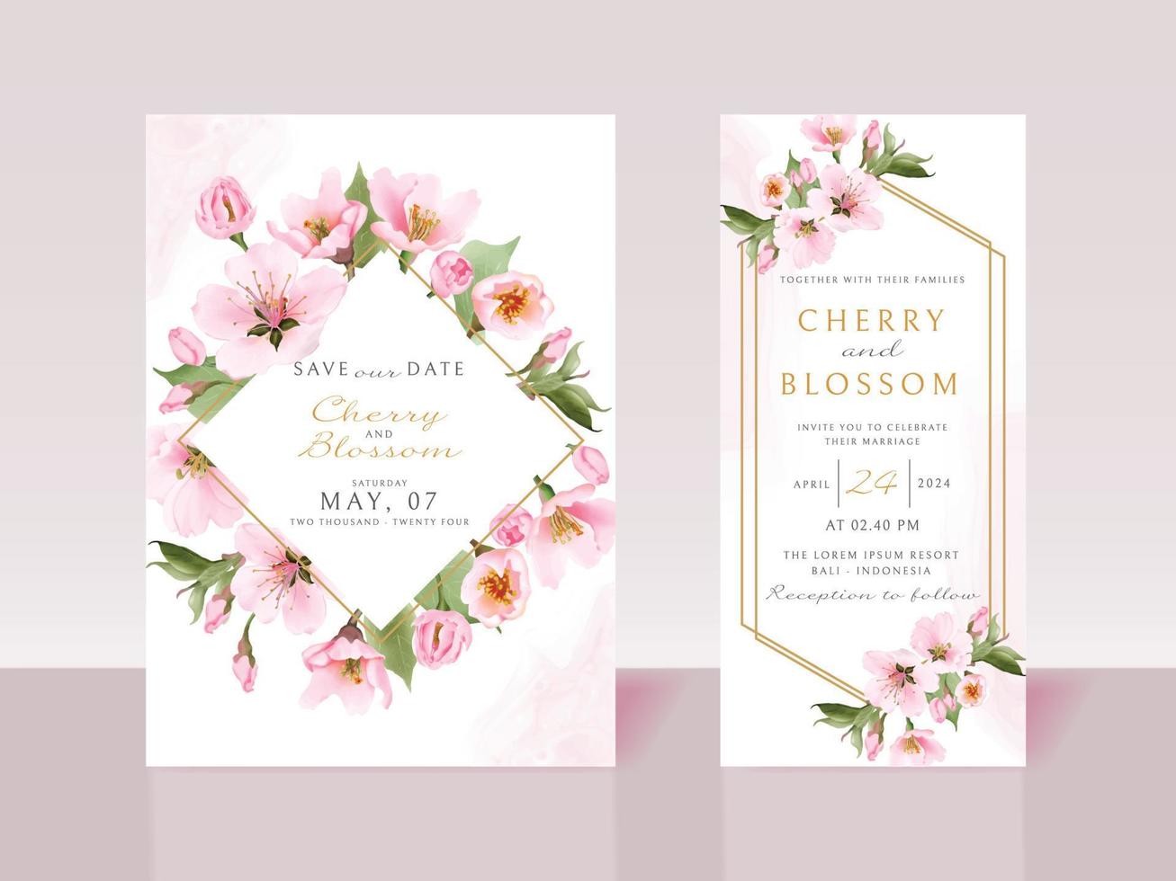 hermosa plantilla de tarjeta de invitación de boda de flor de cerezo vector