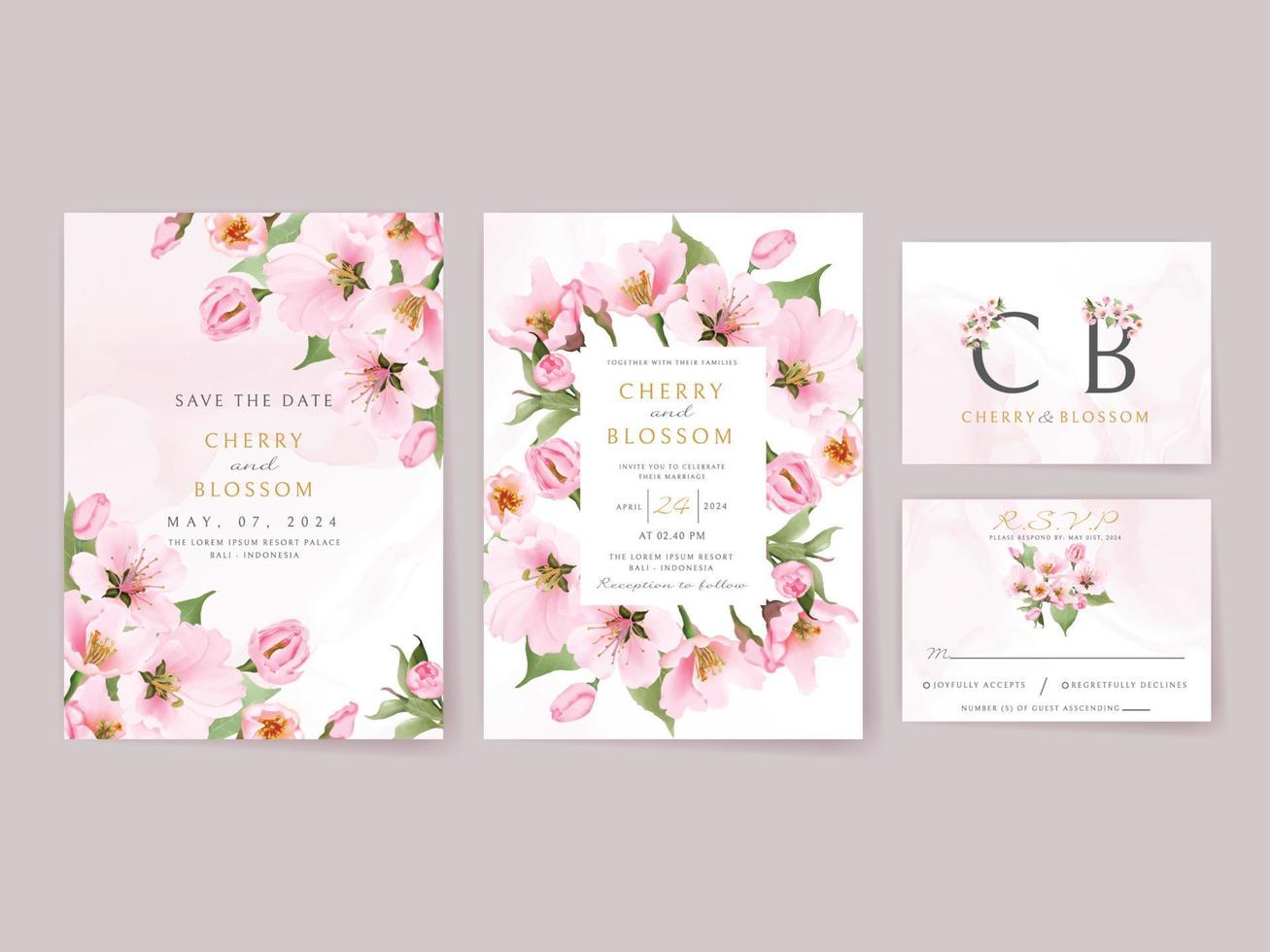 Beautiful cherry blossom wedding invitation card template vector