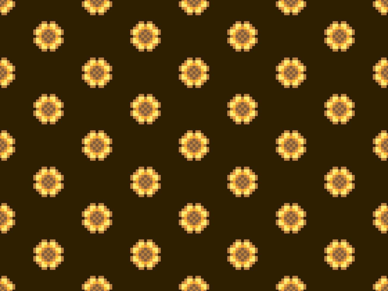 Flower cartoon character seamless pattern on brown background. Pixel style vector