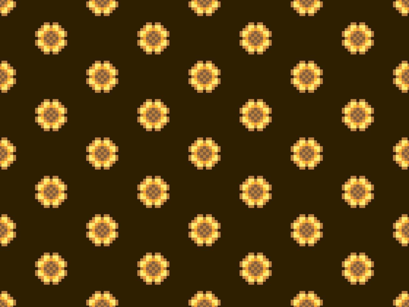 Flower cartoon character seamless pattern on brown background. Pixel style vector