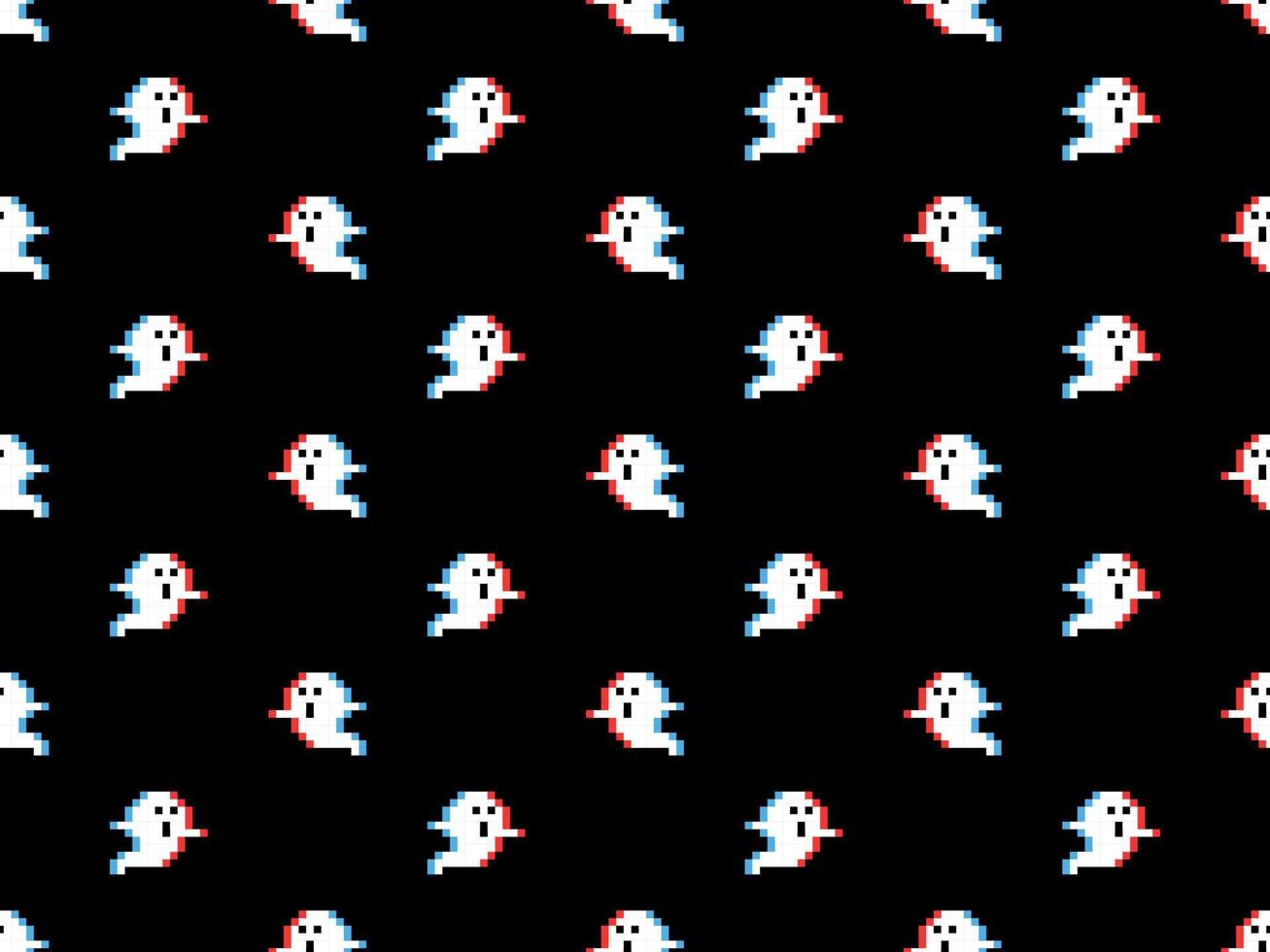 Ghost cartoon character seamless pattern on black background. Pixel style vector