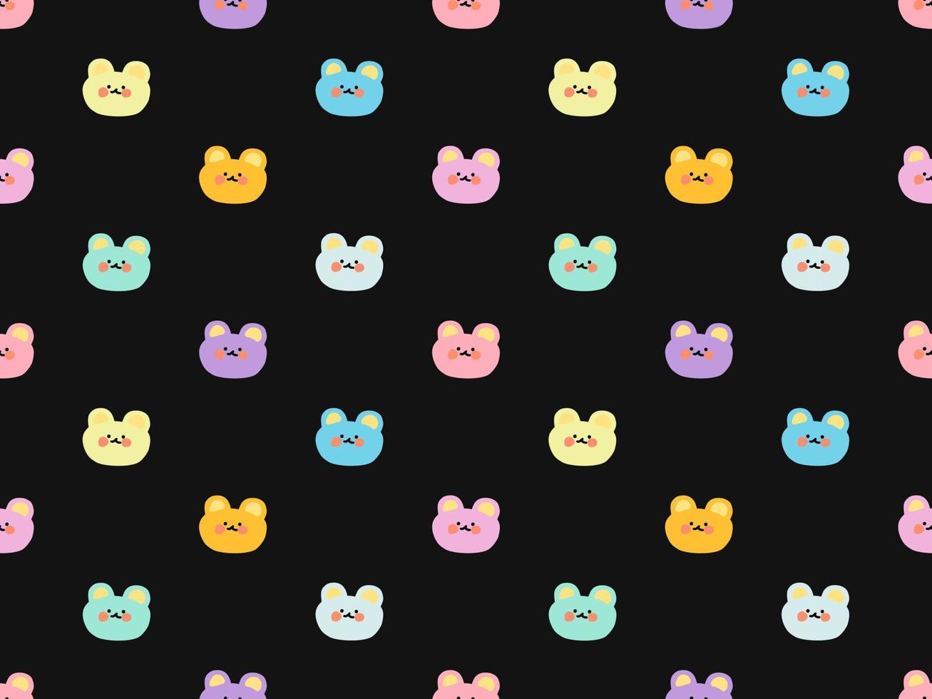 Bear cartoon character seamless pattern on black background. Pixel style vector