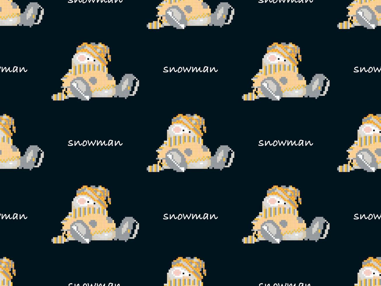 Snow man cartoon character seamless pattern on black background.  Pixel style vector