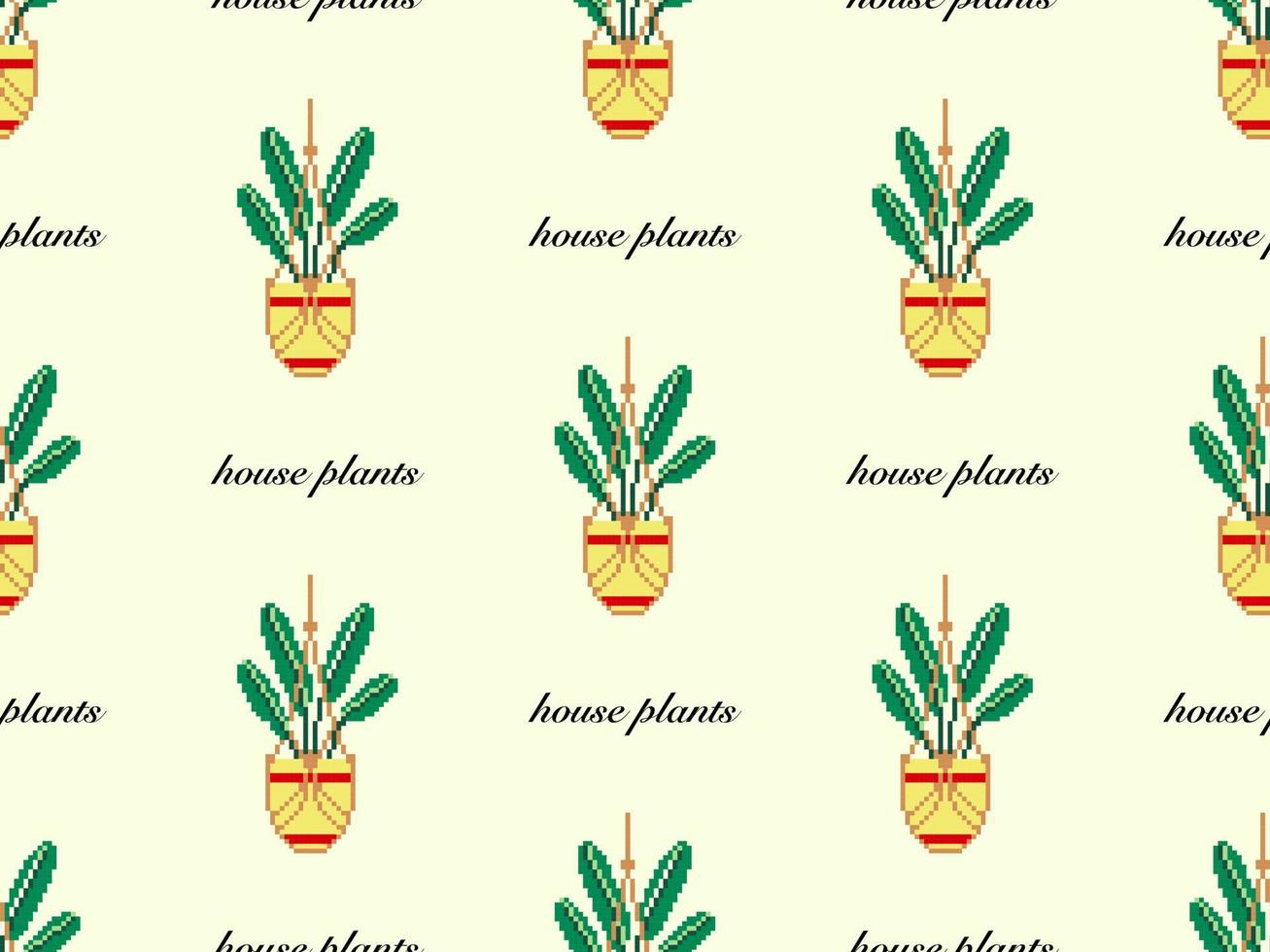 Plant cartoon character seamless pattern on yellow background. Pixel style vector