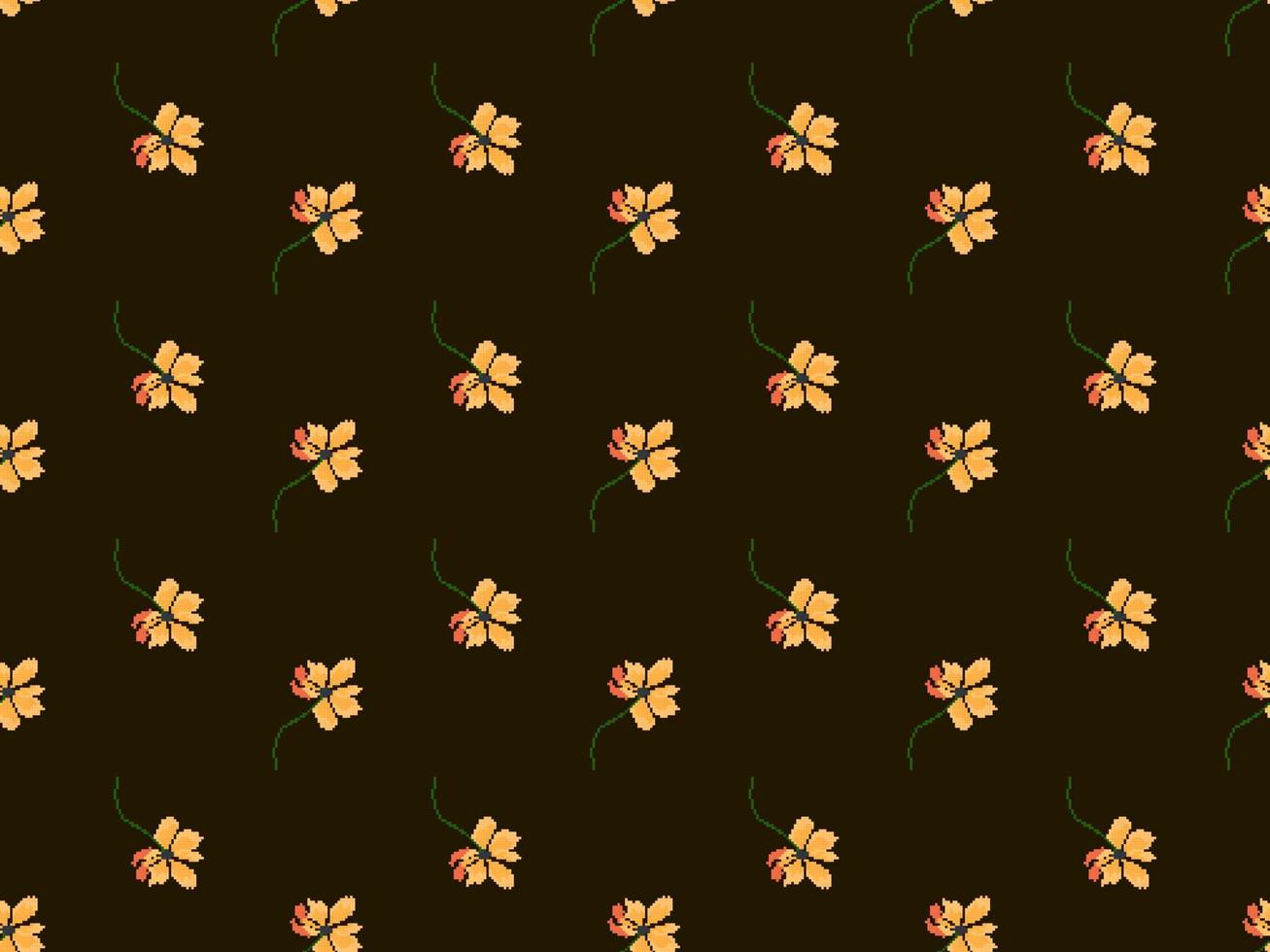 Flower cartoon character seamless pattern on brown background. Pixel style vector