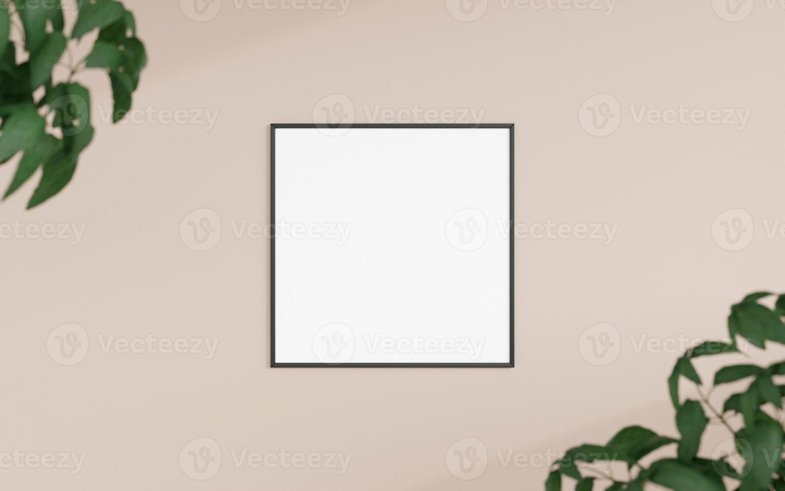 Clean and minimalist front view square black photo or poster frame mockup hanging on the wall with blurry plant. 3d rendering.